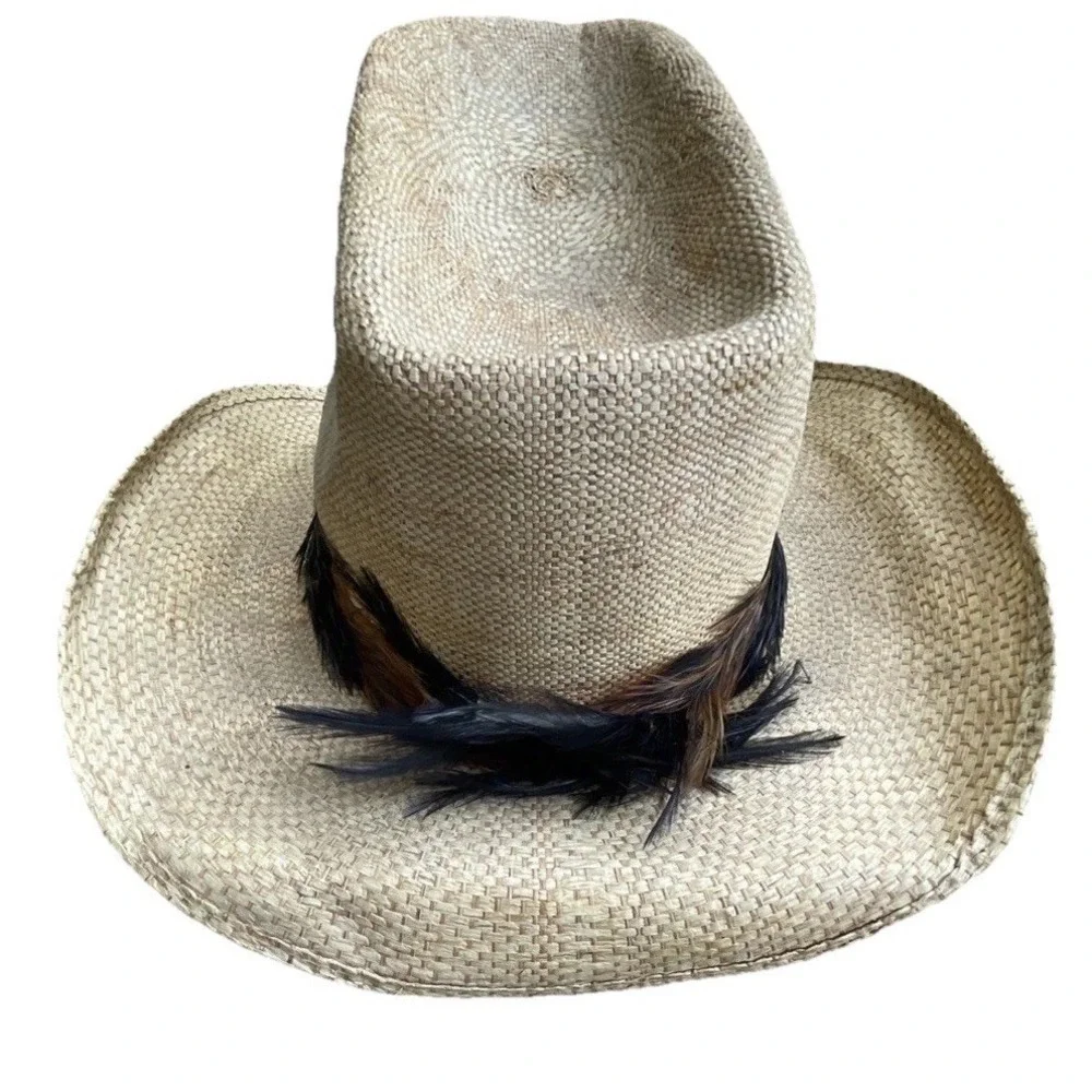 Vintage Western Eddy Bros Straw Cowboy Hat Feather Band 7 1/4-‎ Hot Dogger